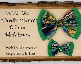 LAZO TMNT hecho con tela con licencia para collar/arnés de perro/mascota, diadema/pinza para el cabello/lazo para niña, pajarita para hombre con dije