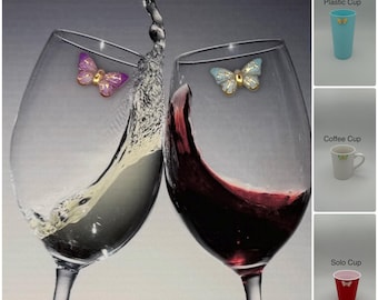 Set of 6 butterfly wine charms / cup identifiers for wine glasses, coffee mugs, plastic cups, solo cups, etc.