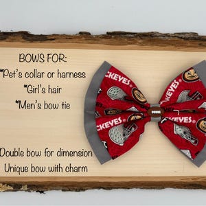 Buckeyes made using licensed fabric for pet&#39;s collar/harness, girl&#39;s headband/hair clip/hair tie, men&#39;s bow tie with football charm