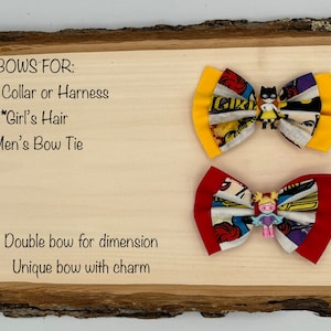Girl Super Hero BOW made using licensed fabric for pet&#39;s collar/harness, girl&#39;s headband/hair clip/hair tie, men&#39;s bow tie with charm
