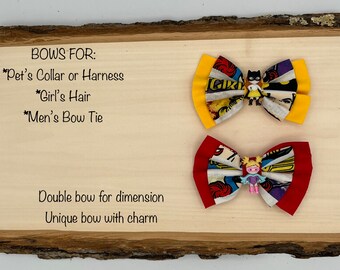 Super Hero BOW für Mädchen aus lizensiertem Stoff für Halsband/Geschirr von Hunden/Haustieren, Stirnband/Haarspange für Mädchen, Herrenfliege mit Anhänger