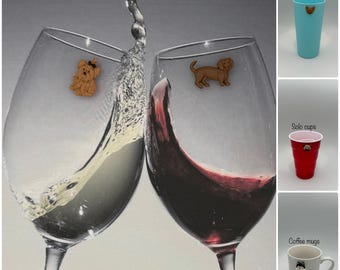 Set di 6 ciondoli per vino a forma di cane / identificatori di tazze per bicchieri da vino, tazze da caffè, bicchieri di plastica, tazze singole, ecc.