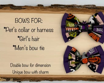 Nœud papillon d'Halloween pour collier ou harnais pour chien/animal de compagnie, serre-tête pour fille, élastique à cheveux ou pince à cheveux, nœud papillon pour hommes avec breloque