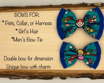 Super Mario BOW for pets collar or harness, girl's headband, hair clip, or men's bow tie with charm