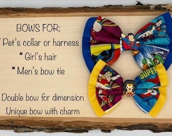 DC Comic BOW made using licensed fabric for a dog/pet's collar/harness, girl's headband/hair clip/hair tie, men's bow tie with charm