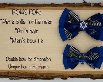 Hanukkah Bow for a dog/Pet's Collar or Harness, Girl's Headband, Hair Clip or Hair Tie, Men's Bow Tie with charm