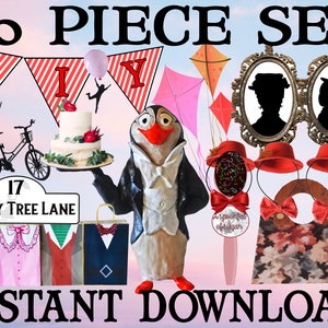 50 stuks complete set digitale afdrukbare Instant Download Mary Poppins Party - uitnodigingen etiketten bannertoppers decoratie