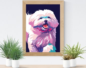May include: A framed pop art illustration of a white dog with pink and blue accents. The dog is looking directly at the viewer with its mouth open and tongue sticking out. The background is a dark blue color.