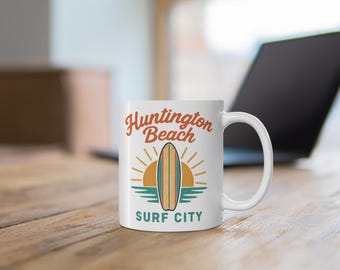 Huntington Beach Surfboard Mug | Retro Surf City Ceramic Coffee Cup