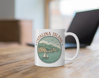 Catalina Island Sailboat Scene Mug | Coastal Vintage Ceramic Coffee Cup