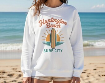 Huntington Beach Surf City Surfboard Sweatshirt | Beach Sunset Crewneck