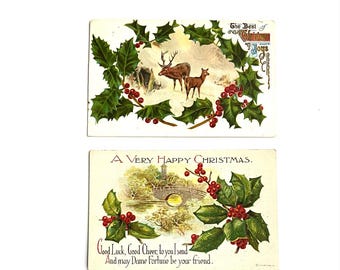 Cartões-postais de Natal vintage de 1909: Azevinho em relevo, imagens cênicas - Conjunto de 2