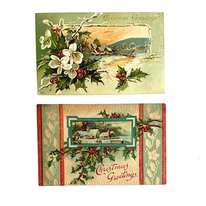 1909 CHRISTMAS POSTCARDS,  2- embossed full color with scenic images, beautiful art, writing on back, 1 cent stamps, free domestic shipping