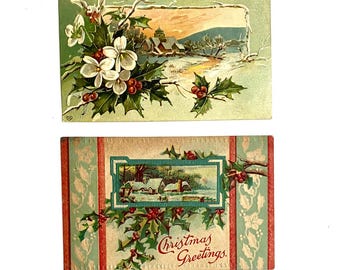 Postales navideñas en relieve de 1909: Arte de una cabaña escénica, sellos de 1 centavo (juego de 2)