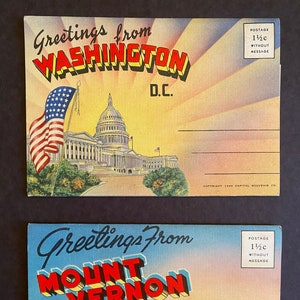 2 CARTÕES POSTAIS DOBRÁVEIS vintage de Washington DC e Mount Vernon 1946 Capitol Souvenir Co., artesãos, decoupage, colecionadores de coisas efêmeras