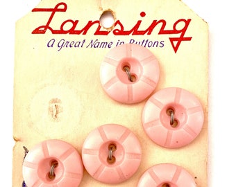 6 vintage PINK CARVED BUTTONS, Lansing buttons on original card, for vintage fashion, button collections