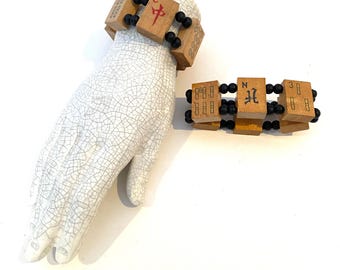 MAH JONG TILE  bracelet-  vintage 1962 wooden bamboo tiles with black beads on elastic cord, size stretches to fit. Free gift box.