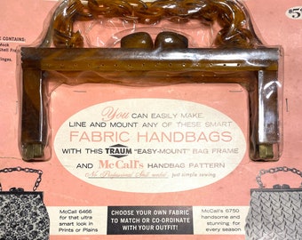 vintage mock TORTOISE HANDBAG HANDLE - McCall's "easy mount bag frame" in original package, plastic chain handle, for crafting, collectors