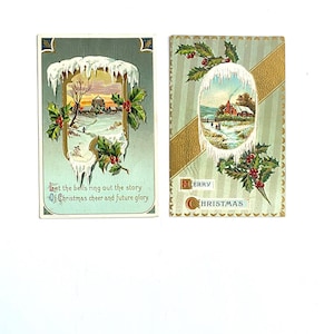 1910 CHRISTMAS POSTCARDS,  2- embossed full color with scenic images, gold printing, writing on back, 1 cent stamps, free domestic shipping