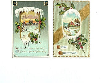 Embossed Christmas Postcards 1910: Gold Printing, Scenic Images - Set of 2