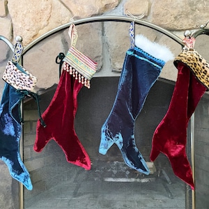 Teal Velvet Victorian Boot Stocking: Leopard Cuff Holiday Decor
