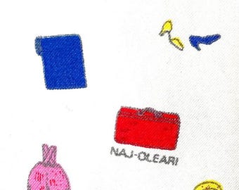 vintage NAJ OLEARI cotton SHIFT dress, iconic logo print on white ground, 1990s style dress, size 8-10, or use fabric for your own project