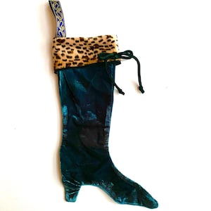 Teal Velvet Victorian Boot Stocking: Leopard Faux Fur Cuff