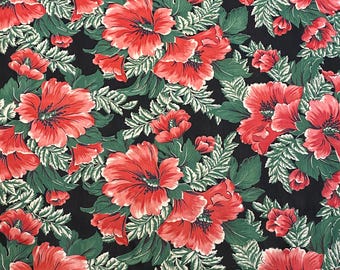 Vintage Floral Cotton Fabric: Red Hibiscus Print, Sewing Panel (34x57)