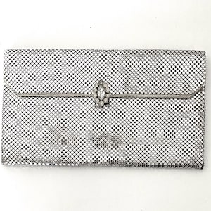 WHITING and DAVIS CLUTCH, silver mesh with rhinestone clip, vintage 1960s era for vintage prom, wedding, vintage fashion, W & D collector