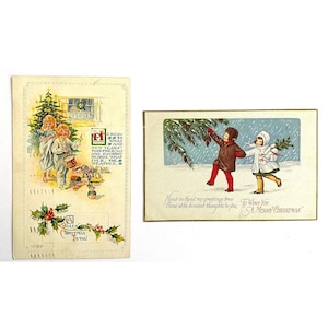 1923-28 CHRISTMAS POSTCARDS,  2 full color embossed cards, charming boy and girl, writing on back, 2 cent stamps, free domestic shipping