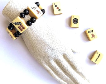 MAH JONG TILE  bracelet-  vintage bone and  bamboo tiles with black beads on elastic cord, stretches to fit. Mailed in a  gift box.
