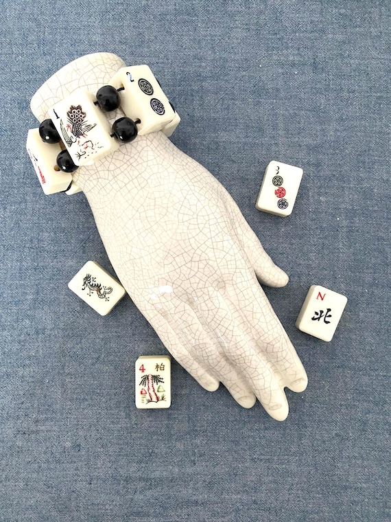 MAH JONG TILE Bracelet- Vintage Heavy Plastic Tiles With Black