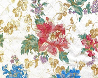 Floral Jacquard Upholstery Fabric Remnant: vintage, Heavyweight Multi-Color Woven  (22x43")