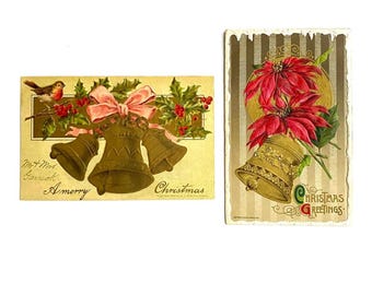 Cartes postales de Noël en relief 1912 : cloches dorées, éphémères vintage (lot de 2)