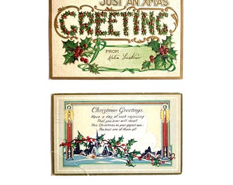 vintage Christmas postcards, with gold metallic details, 1928, 1 cent stamps, writing on both, free domestic shipping