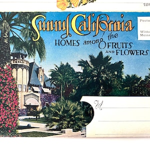 Pasta de cartão postal de lembrança da SUNNY CALIFORNIA HOMES, c. década de 1940, sem escrita ou selos, 20 fotos, frete doméstico grátis