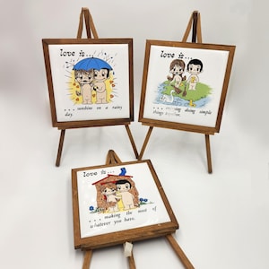Love is... By Kim, tiles on easels, SOLD INDIVIDUALLY, vintage, ceramic tiles, wood easel, circa 1970's