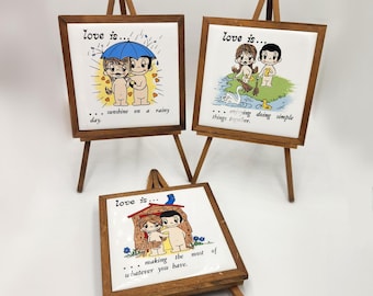 Love is... By Kim, tiles on easels, SOLD INDIVIDUALLY, vintage, ceramic tiles, wood easel, circa 1970's