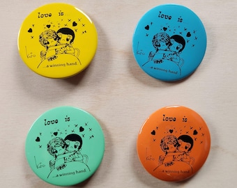 Love is... a winning hand, By Kim, metal buttons,  SOLD INDIVIDUALLY, vintage, pins, circa 1970's