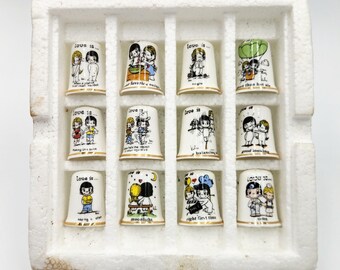 Love is... By Kim, set of 12 ceramic thimbles, rare, vintage, sewing, books, circa 1970's, Birchcroft China Great Britain