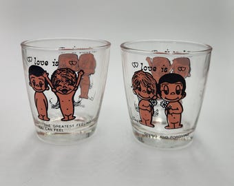 Love is... By Kim, SOLD INDIVIDUALLY, 2 sayings, short glasses, vintage sour cream glass, circa 1970's