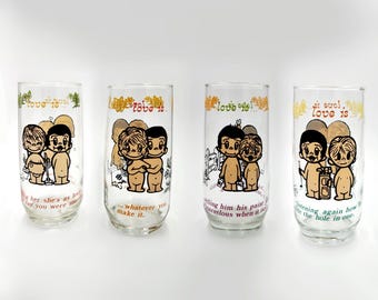 Love is... By Kim, SOLD INDIVIDUALLY, water glasses, tall glass, circa 1975