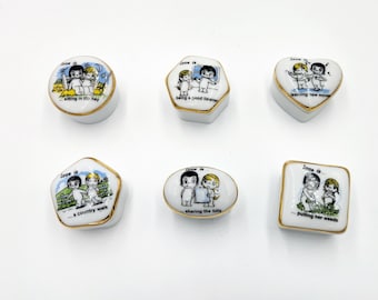 Love is... By Kim, set of 6 mini ceramic pill boxes, rare, vintage, circa 1970's, Birchcroft China Great Britain