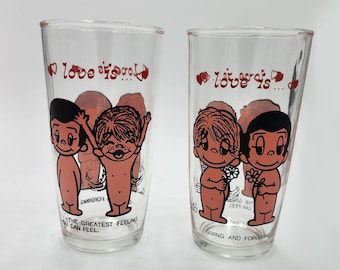 Love is... By Kim, SOLD INDIVIDUALLY, 2 sayings, tall glasses, vintage sour cream glass, circa 1970's