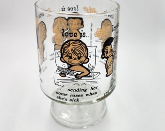 Love is... By Kim, flower themed brandy snifter glass, vintage glasses, circa 1976, gifts for plant lovers, flowers, roses, tulips, daisies