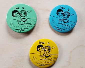 Love is... taking the plunge, together, By Kim, SOLD INDIVIDUALLY, vintage, pins, circa 1970's