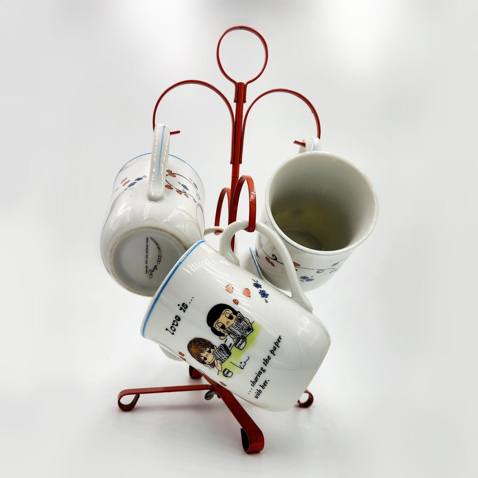Love is... By Kim, set of 4 mugs with stand, coffee mugs, circa 1972