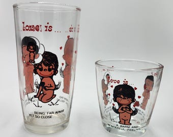 Love is... By Kim, SOLD INDIVIDUALLY, 3 sayings, tall glasses, short glass, vintage sour cream glass, circa 1970's