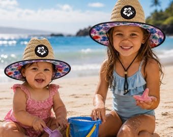 Matching Set Baby Infant and Toddler Custom Name Logo Patch Straw Lifeguard Hat Sun Beach Summer Vacation Floral Girls