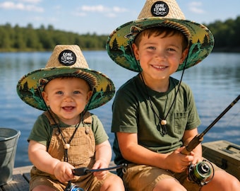 Matching Set Baby Infant and Toddler Custom Name Logo Patch Straw Lifeguard Hat Sun Beach Summer Vacation Bass Fishing